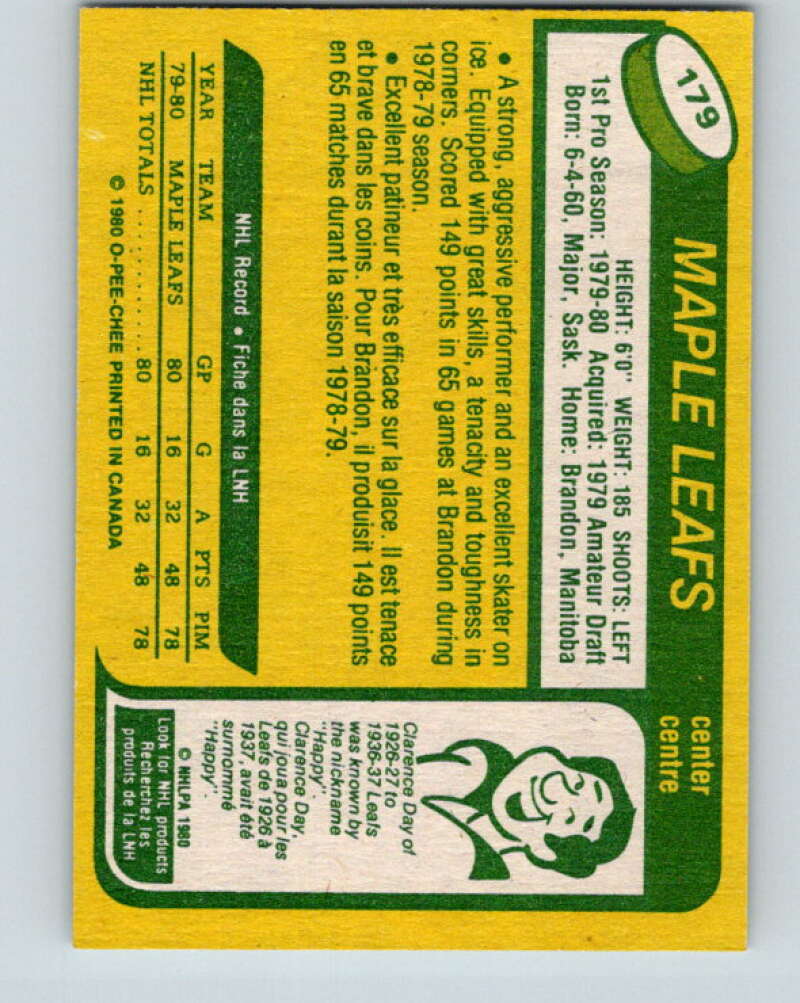 1980-81 O-Pee-Chee #179 Laurie Boschman RC Rookie Toronto Maple Leafs V38802