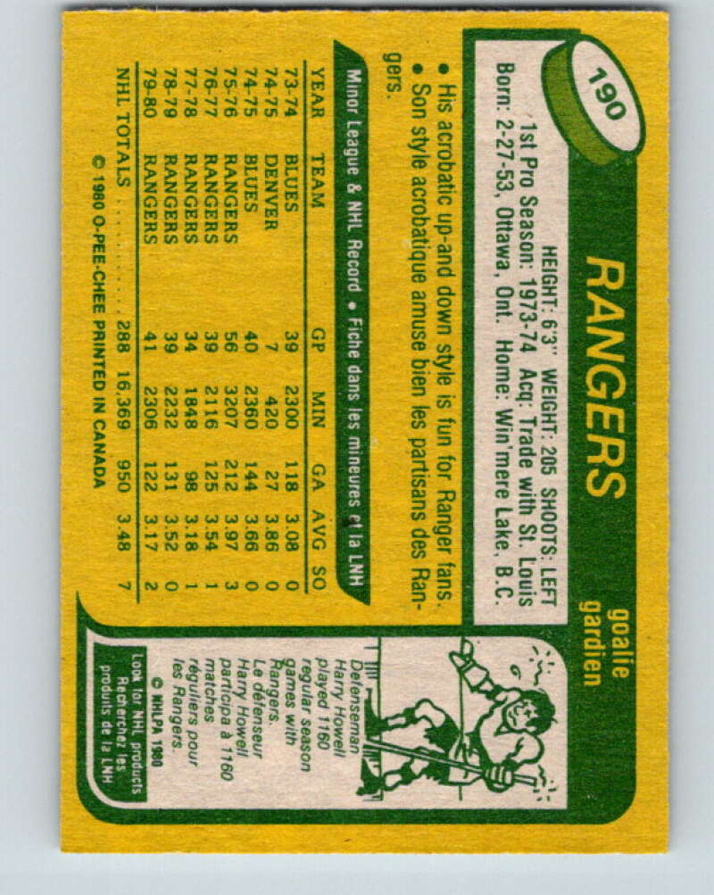 1980-81 O-Pee-Chee #190 John Davidson New York Rangers V38905