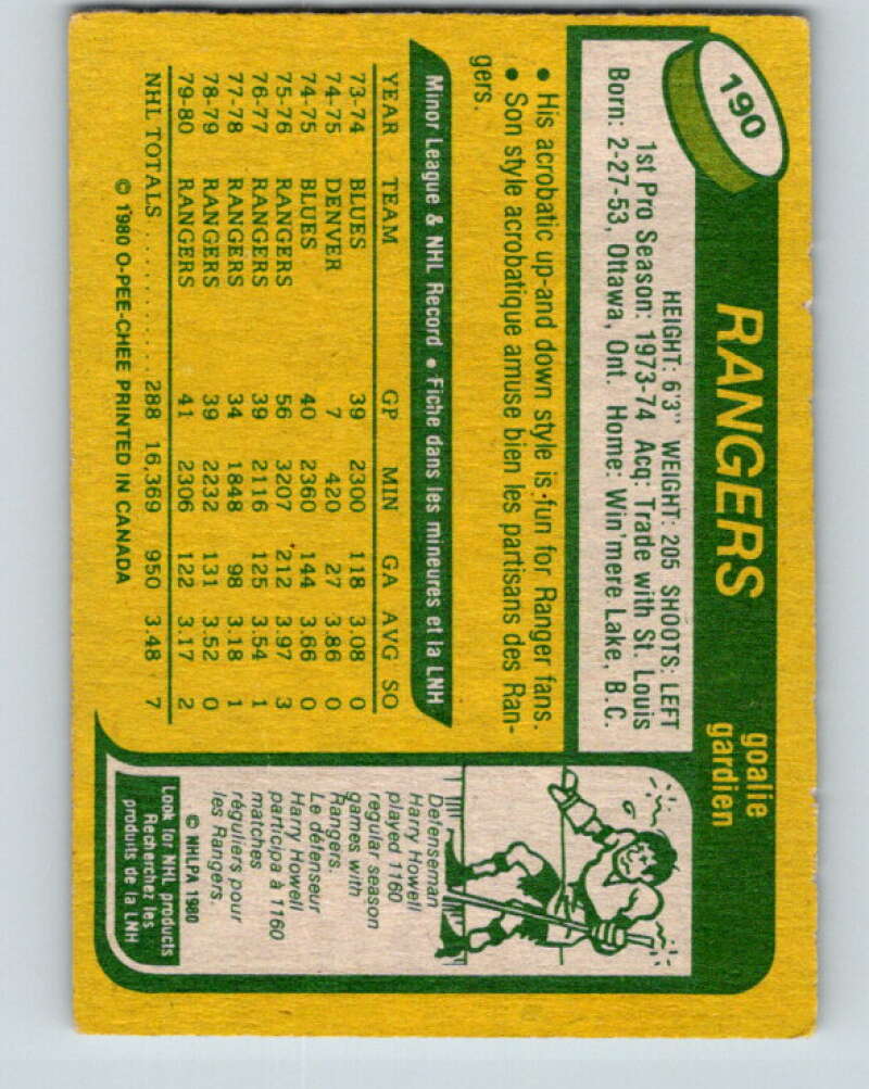 1980-81 O-Pee-Chee #190 John Davidson New York Rangers V38910