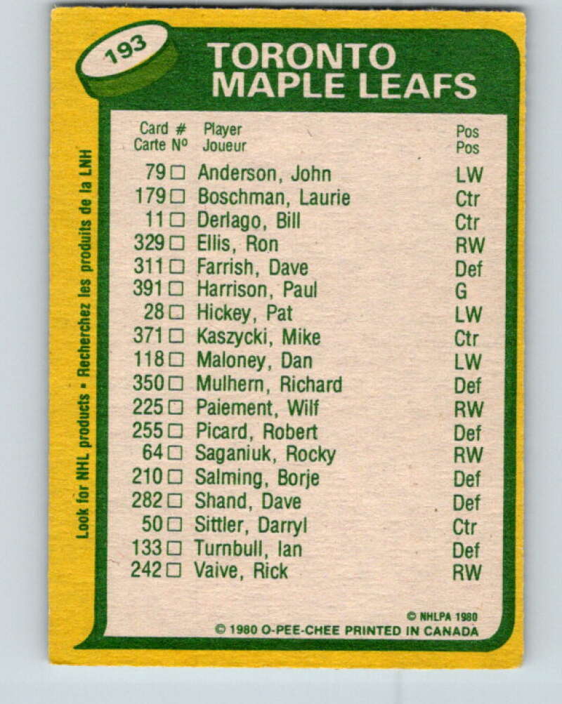 1980-81 O-Pee-Chee #193 Darryl Sittler TL Toronto Maple Leafs V38936