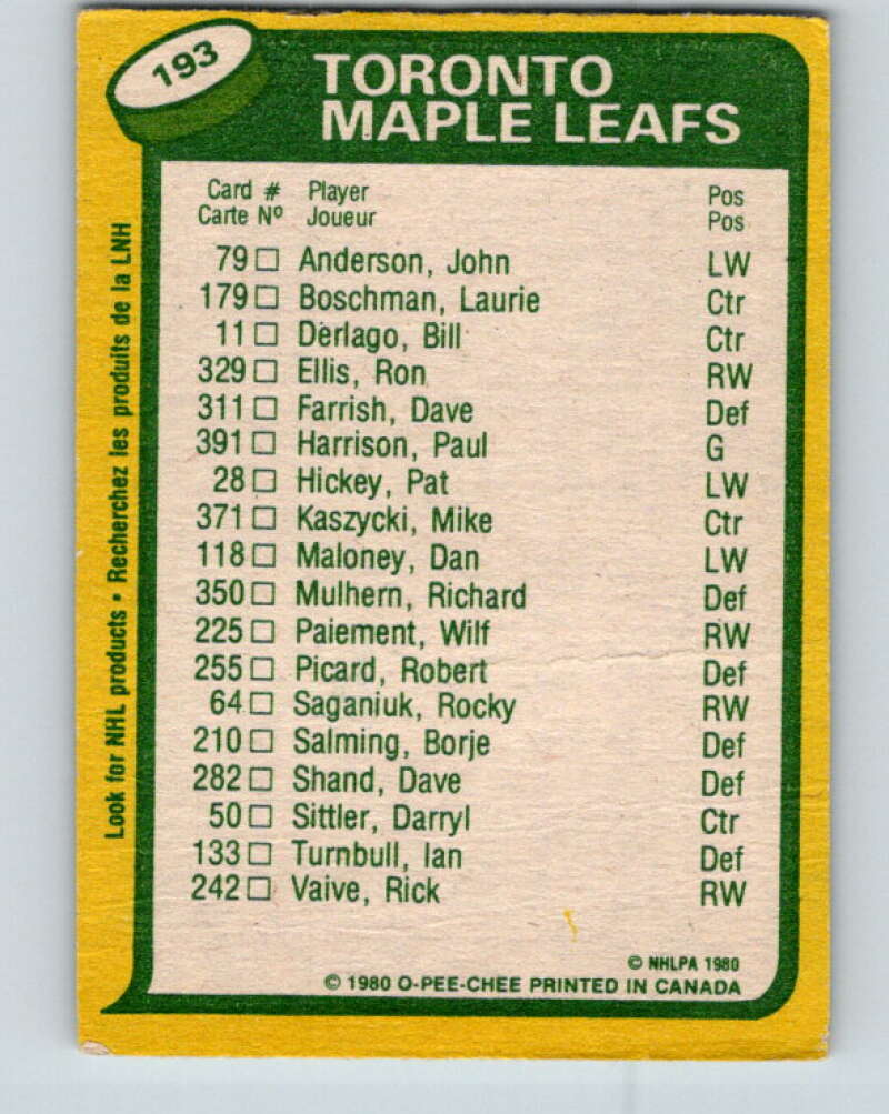 1980-81 O-Pee-Chee #193 Darryl Sittler TL Toronto Maple Leafs V38937