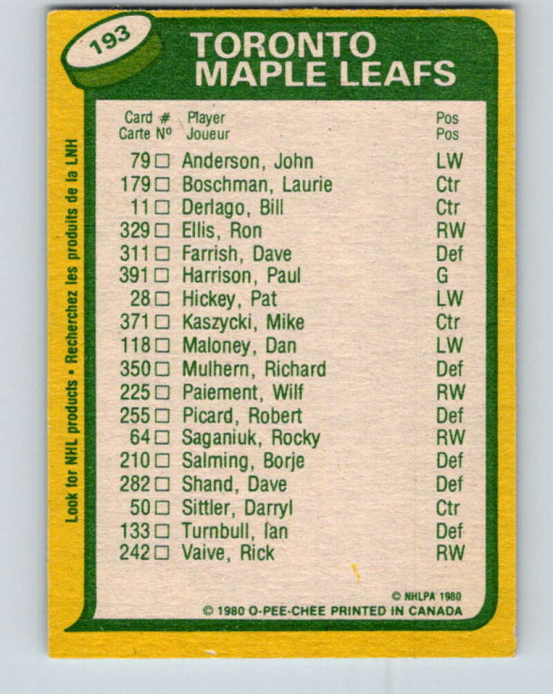 1980-81 O-Pee-Chee #193 Darryl Sittler TL Toronto Maple Leafs V38939