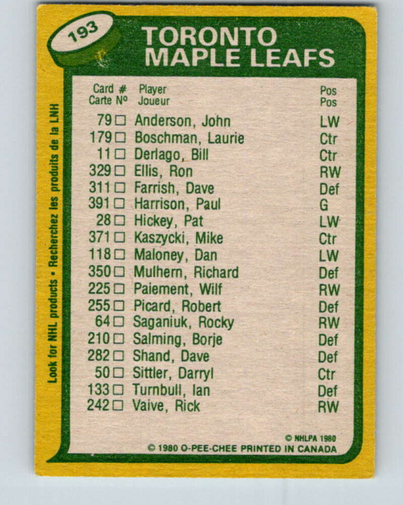 1980-81 O-Pee-Chee #193 Darryl Sittler TL Toronto Maple Leafs V38940