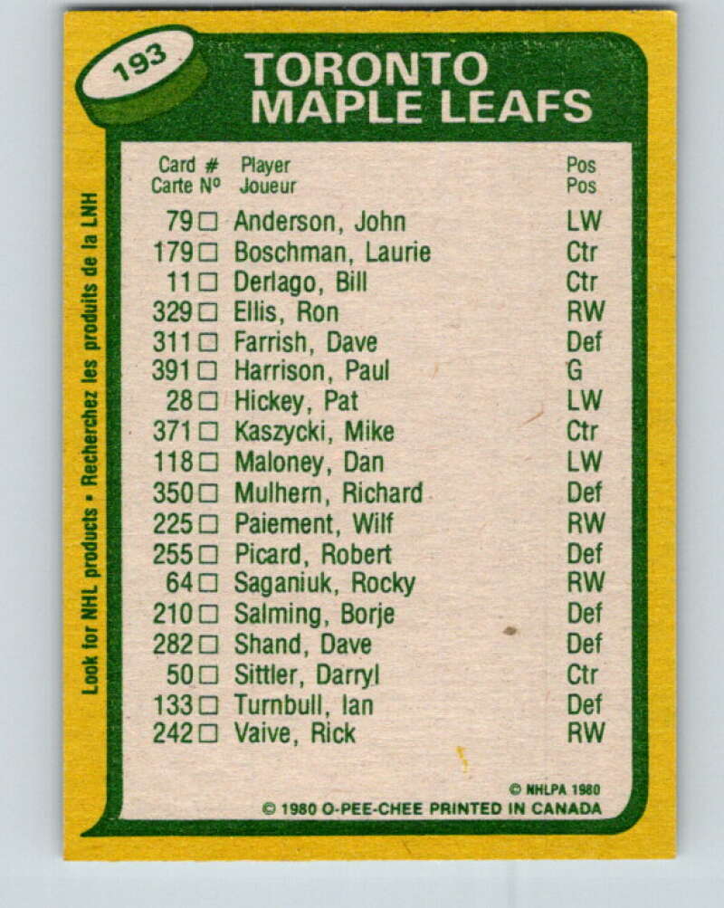 1980-81 O-Pee-Chee #193 Darryl Sittler TL Toronto Maple Leafs V38941