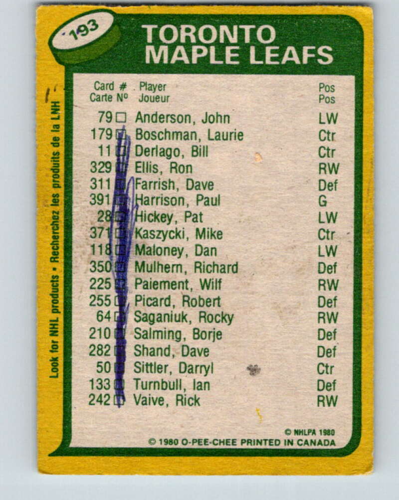 1980-81 O-Pee-Chee #193 Darryl Sittler TL Toronto Maple Leafs V38943
