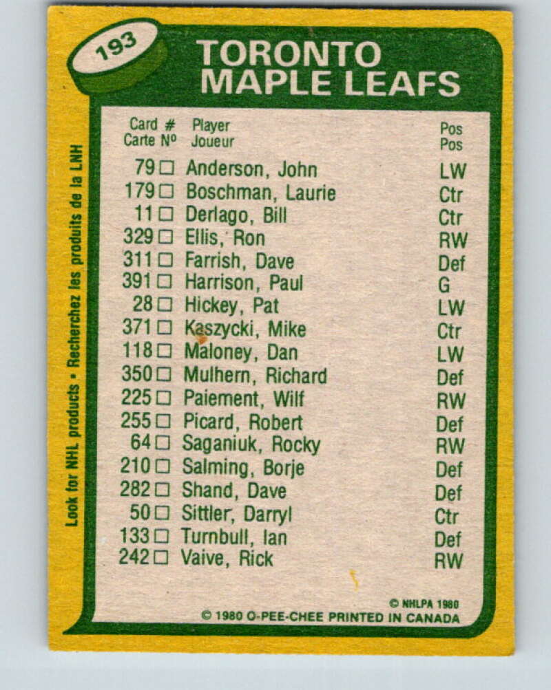1980-81 O-Pee-Chee #193 Darryl Sittler TL Toronto Maple Leafs V38944