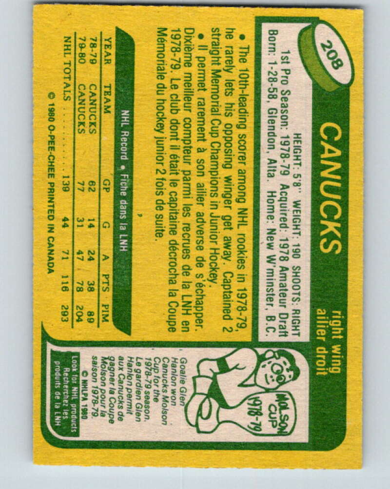 1980-81 O-Pee-Chee #208 Stan Smyl RC Rookie Vancouver Canucks V39180