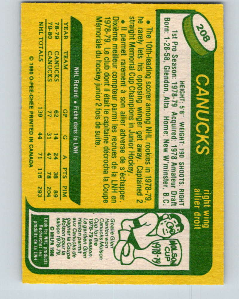 1980-81 O-Pee-Chee #208 Stan Smyl RC Rookie Vancouver Canucks V39182