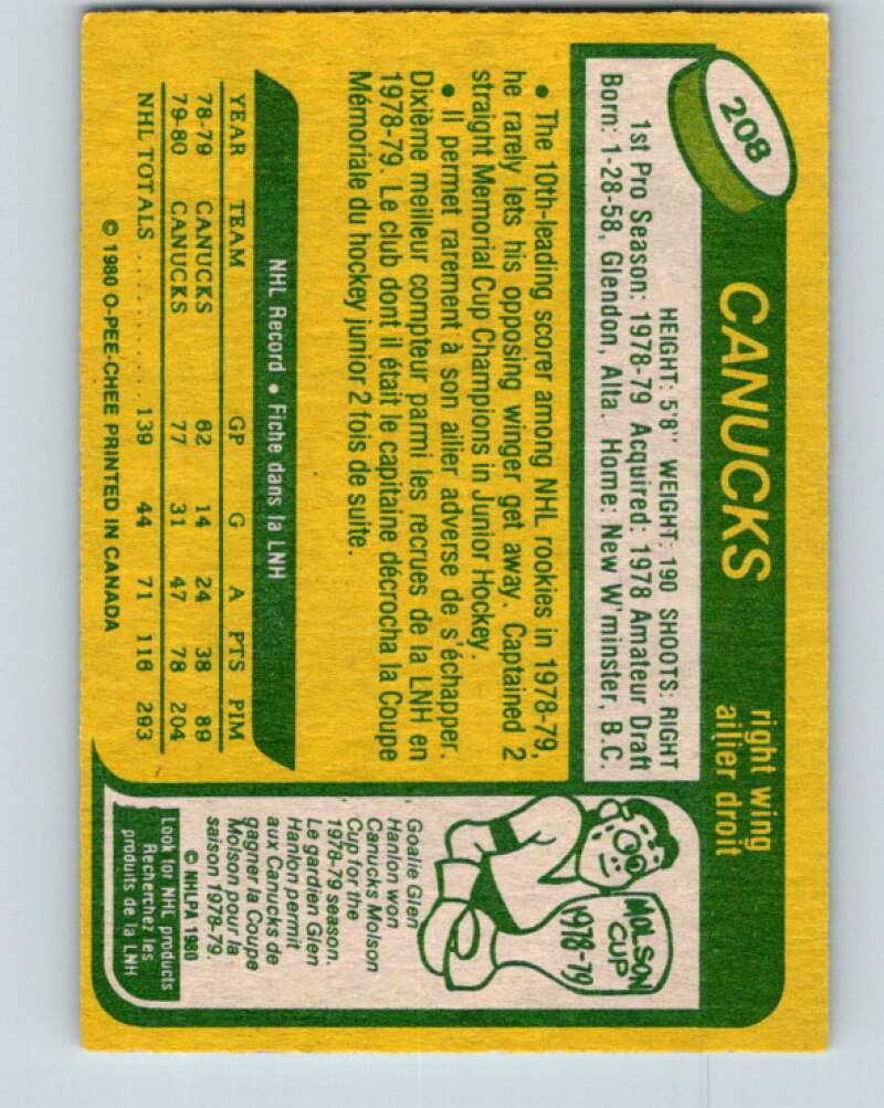 1980-81 O-Pee-Chee #208 Stan Smyl RC Rookie Vancouver Canucks V39184