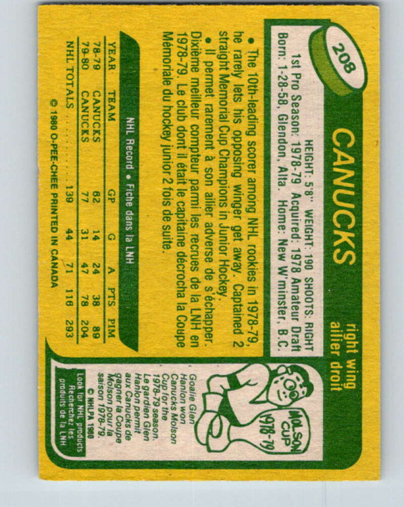 1980-81 O-Pee-Chee #208 Stan Smyl RC Rookie Vancouver Canucks V39185