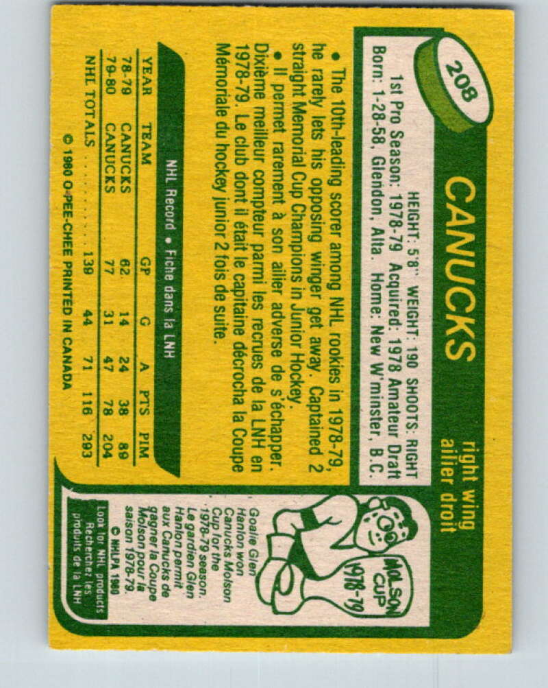 1980-81 O-Pee-Chee #208 Stan Smyl RC Rookie Vancouver Canucks V39186