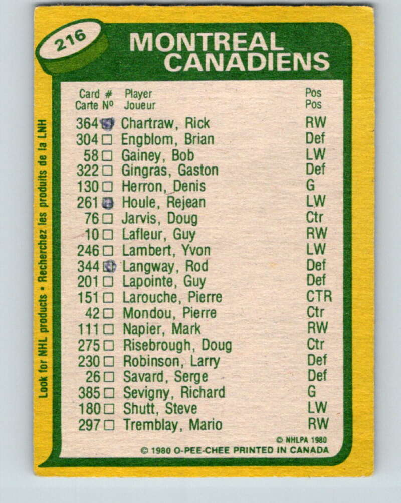 1980-81 O-Pee-Chee #216 Guy Lafleur/Pierre Larouche TL Montreal Canadiens V39257