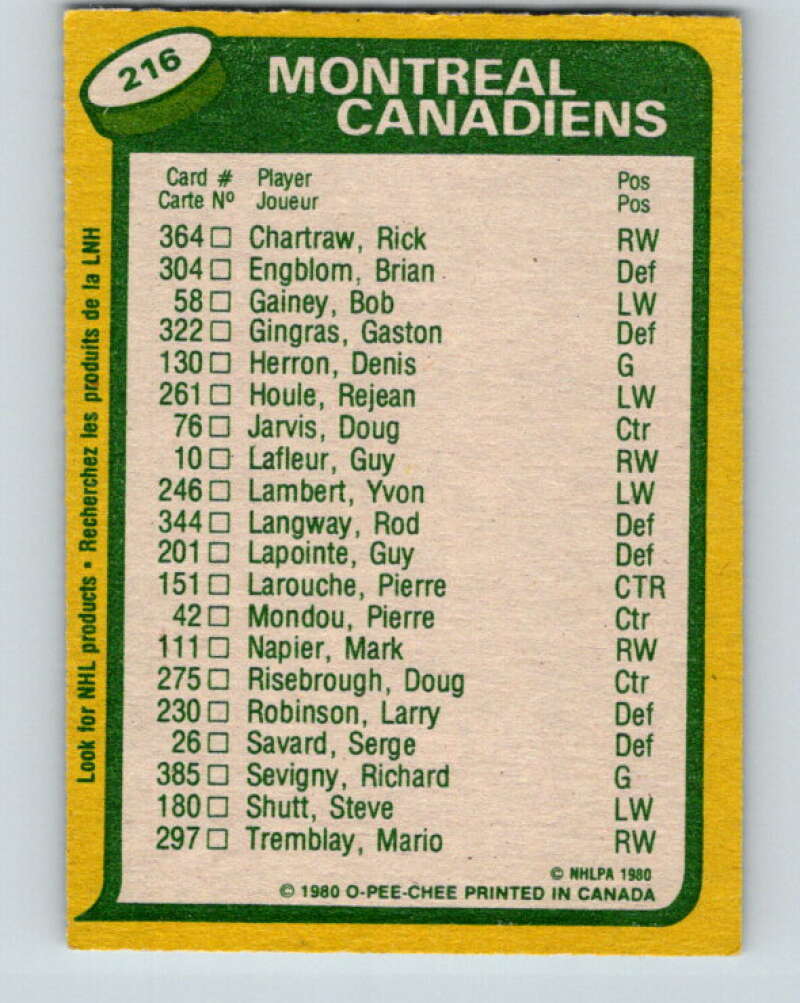 1980-81 O-Pee-Chee #216 Guy Lafleur/Pierre Larouche TL Montreal Canadiens V39259