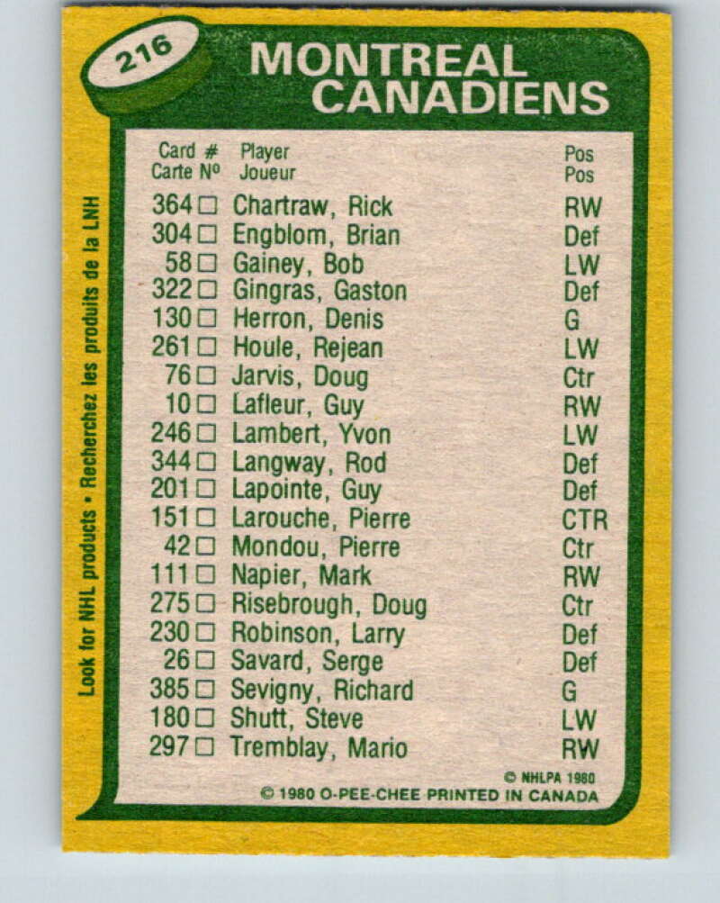 1980-81 O-Pee-Chee #216 Guy Lafleur/Pierre Larouche TL Montreal Canadiens V39266
