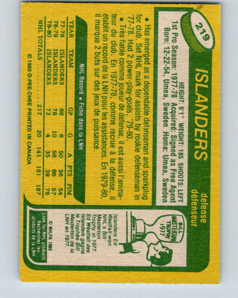 1980-81 O-Pee-Chee #219 Stefan Persson New York Islanders V39293