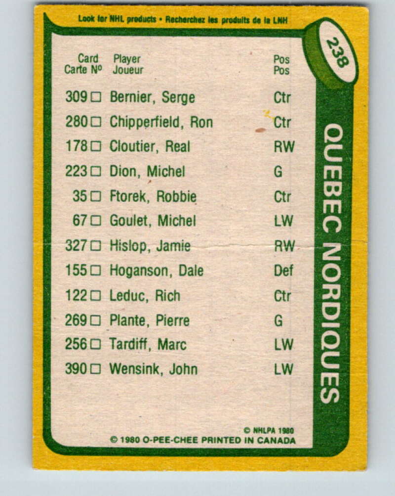 1980-81 O-Pee-Chee #238 Real Cloutier TL Quebec Nordiques V39482