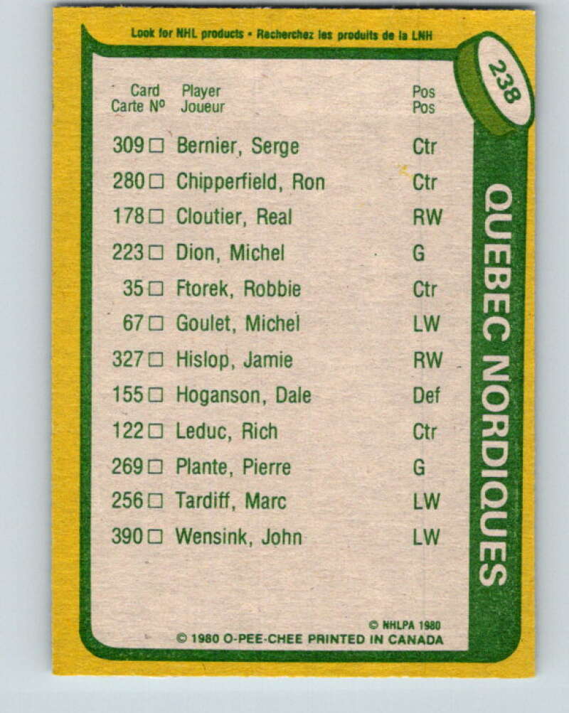 1980-81 O-Pee-Chee #238 Real Cloutier TL Quebec Nordiques V39483