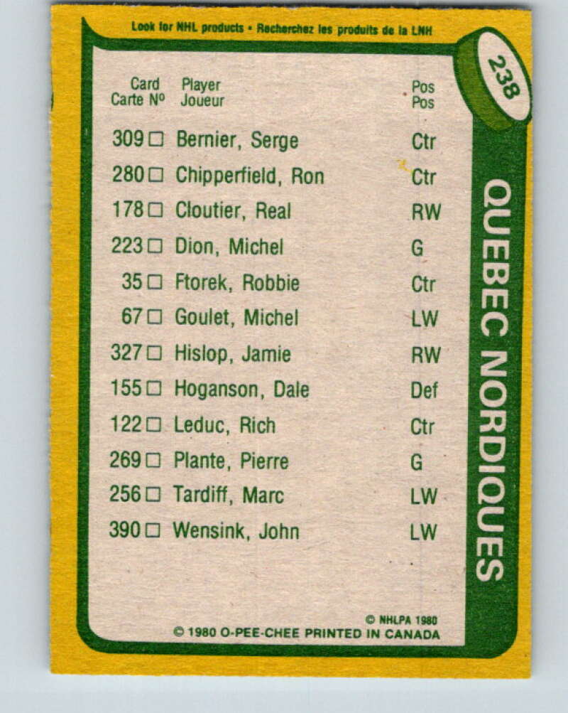 1980-81 O-Pee-Chee #238 Real Cloutier TL Quebec Nordiques V39485