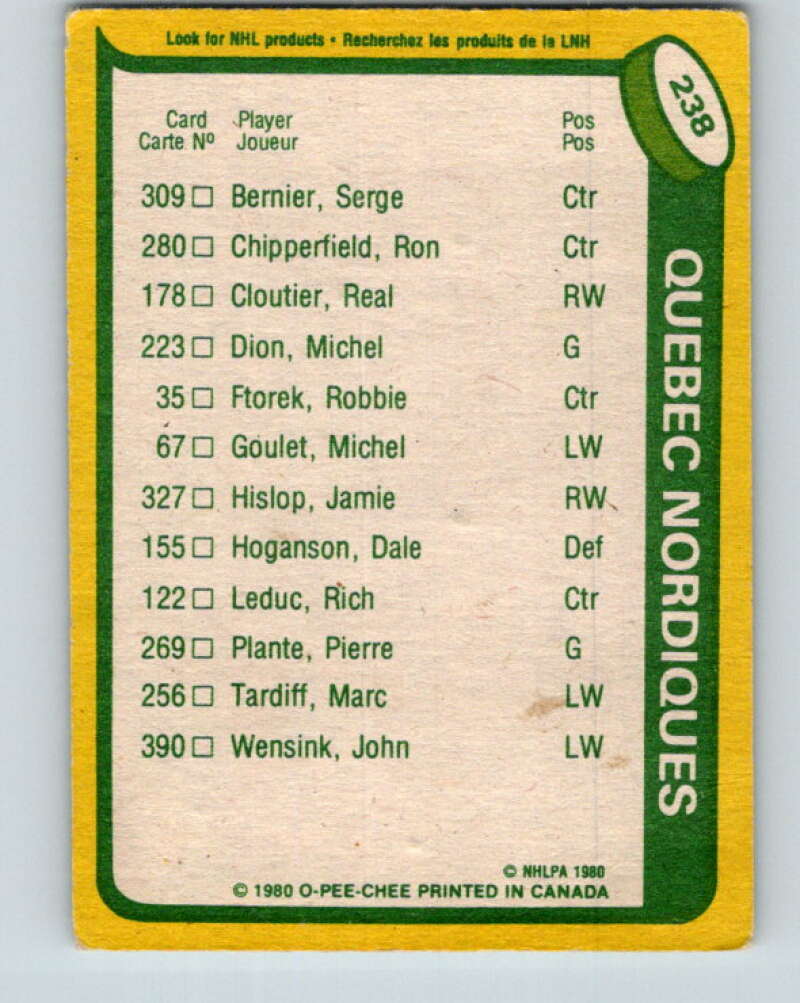 1980-81 O-Pee-Chee #238 Real Cloutier TL Quebec Nordiques V39492