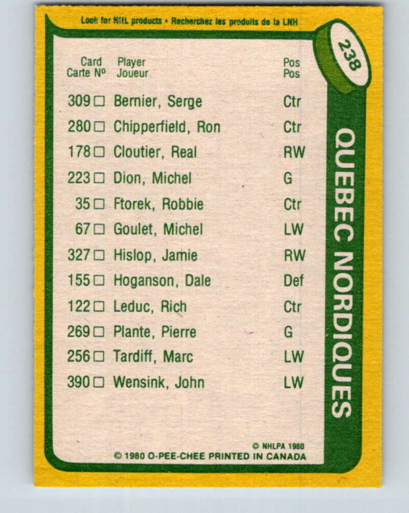 1980-81 O-Pee-Chee #238 Real Cloutier TL Quebec Nordiques V39494