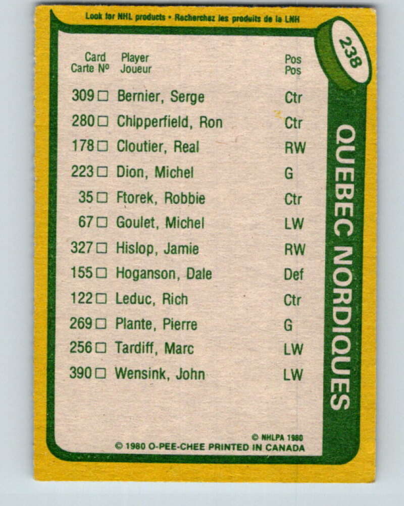 1980-81 O-Pee-Chee #238 Real Cloutier TL Quebec Nordiques V39495