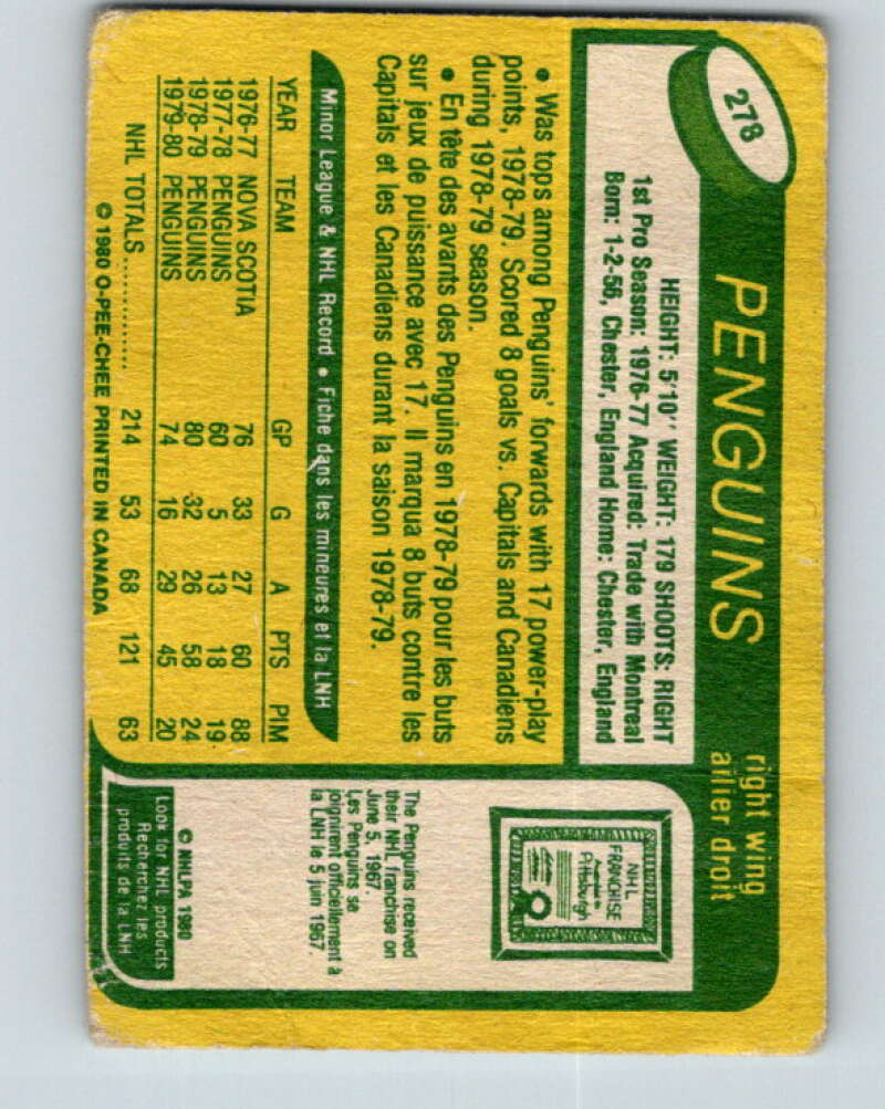 1980-81 O-Pee-Chee #278 Peter Lee Pittsburgh Penguins V39886