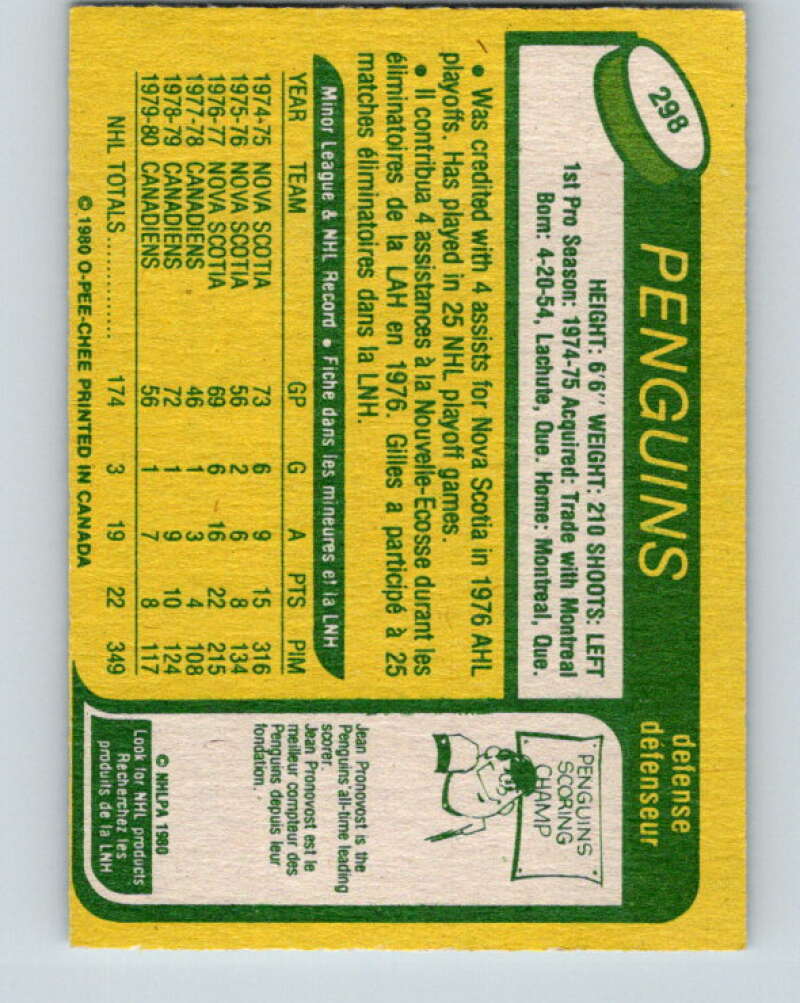 1980-81 O-Pee-Chee #298 Gilles Lupien RC Rookie Pittsburgh Penguins V40102