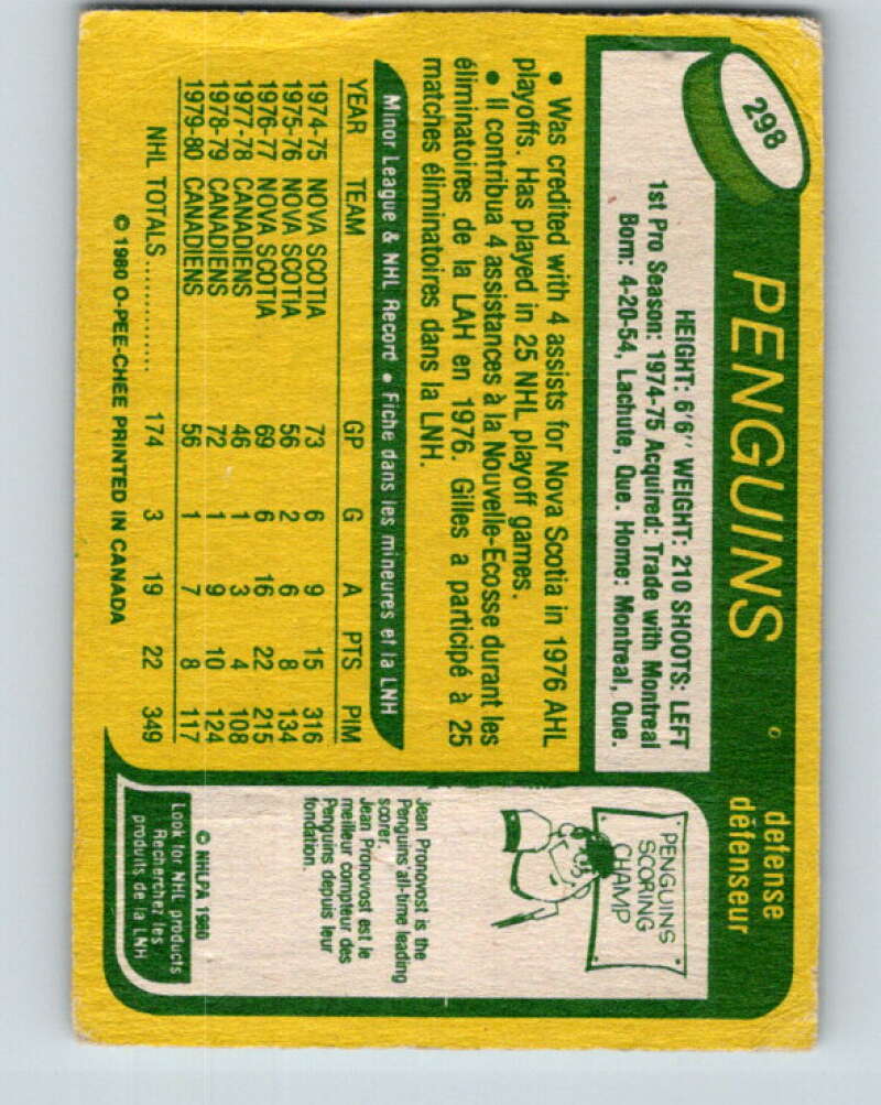 1980-81 O-Pee-Chee #298 Gilles Lupien RC Rookie Pittsburgh Penguins V40105