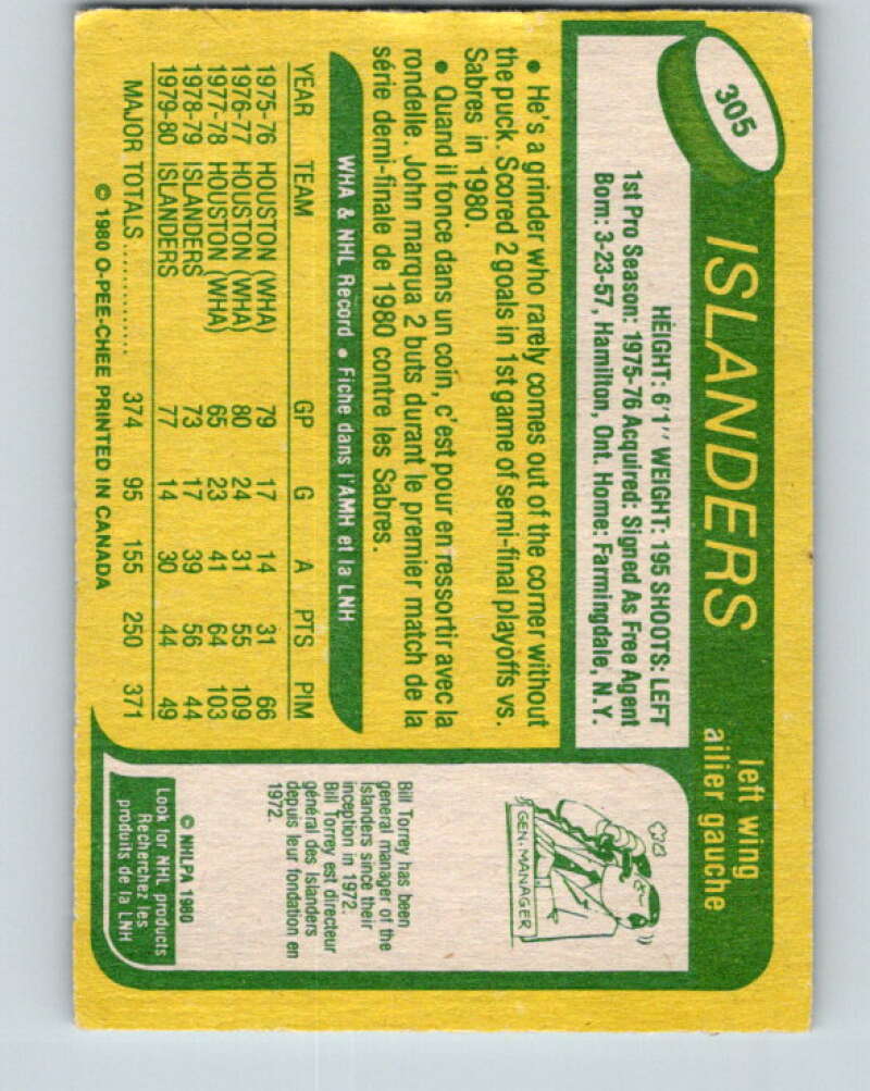 1980-81 O-Pee-Chee #305 John Tonelli New York Islanders V40188