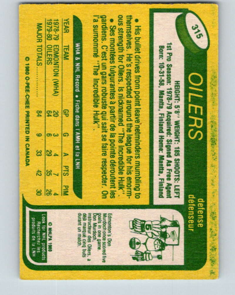 1980-81 O-Pee-Chee #315 Risto Siltanen RC Rookie Edmonton Oilers V40294