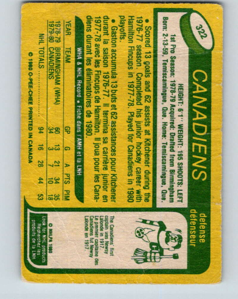1980-81 O-Pee-Chee #322 Gaston Gingras RC Rookie Montreal Canadiens V40351