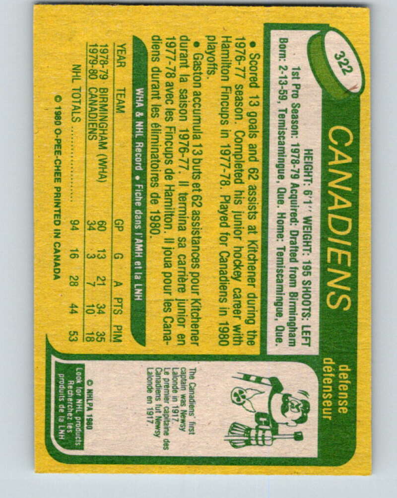 1980-81 O-Pee-Chee #322 Gaston Gingras RC Rookie Montreal Canadiens V40355