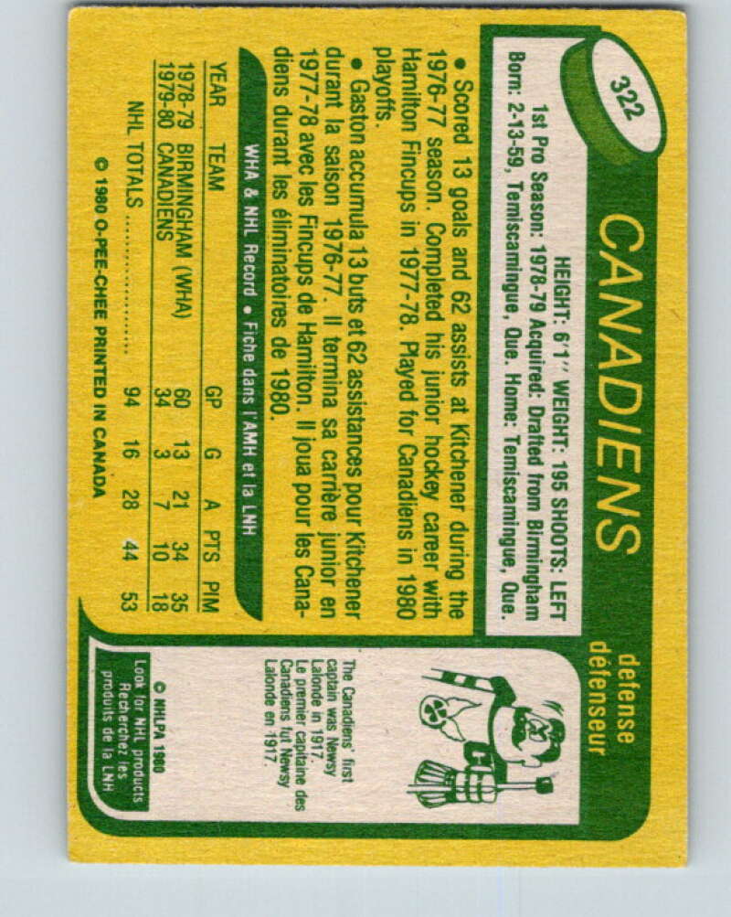 1980-81 O-Pee-Chee #322 Gaston Gingras RC Rookie Montreal Canadiens V40356