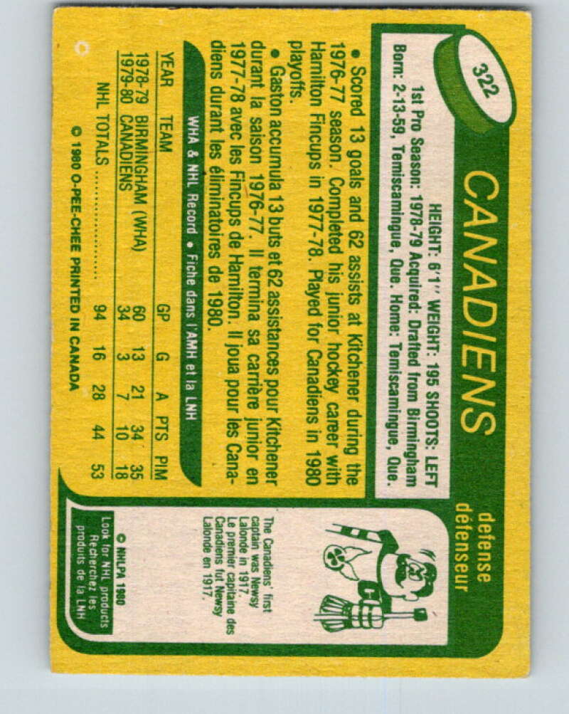 1980-81 O-Pee-Chee #322 Gaston Gingras RC Rookie Montreal Canadiens V40357