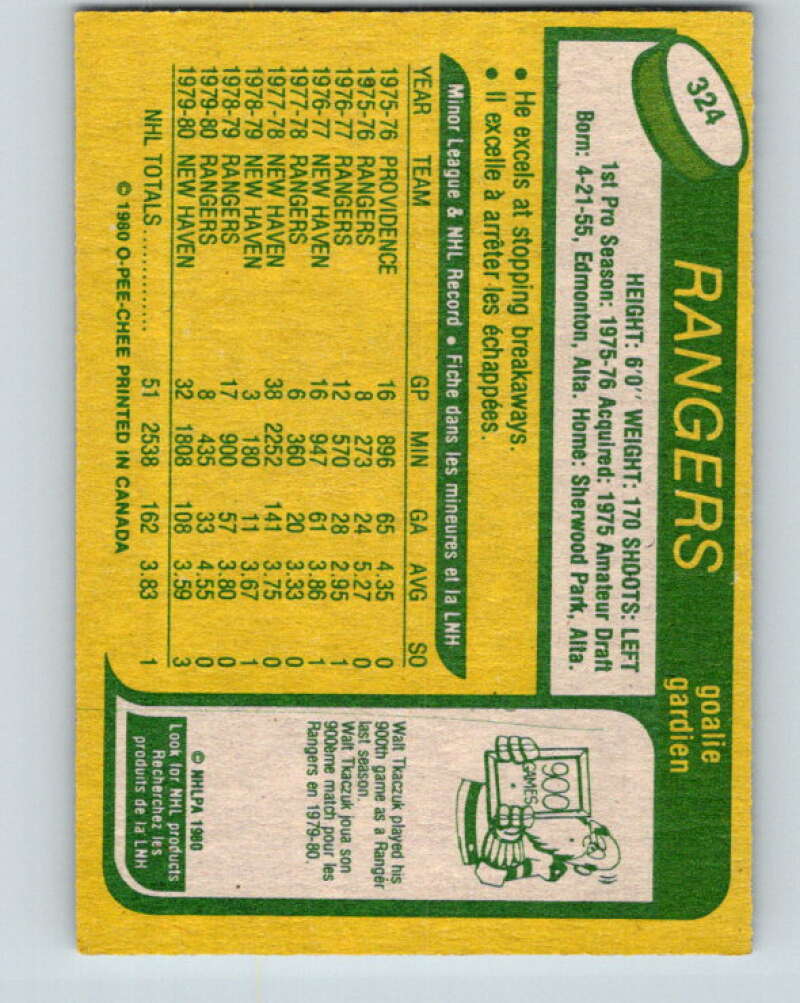 1980-81 O-Pee-Chee #324 Doug Soetaert RC Rookie New York Rangers V40370