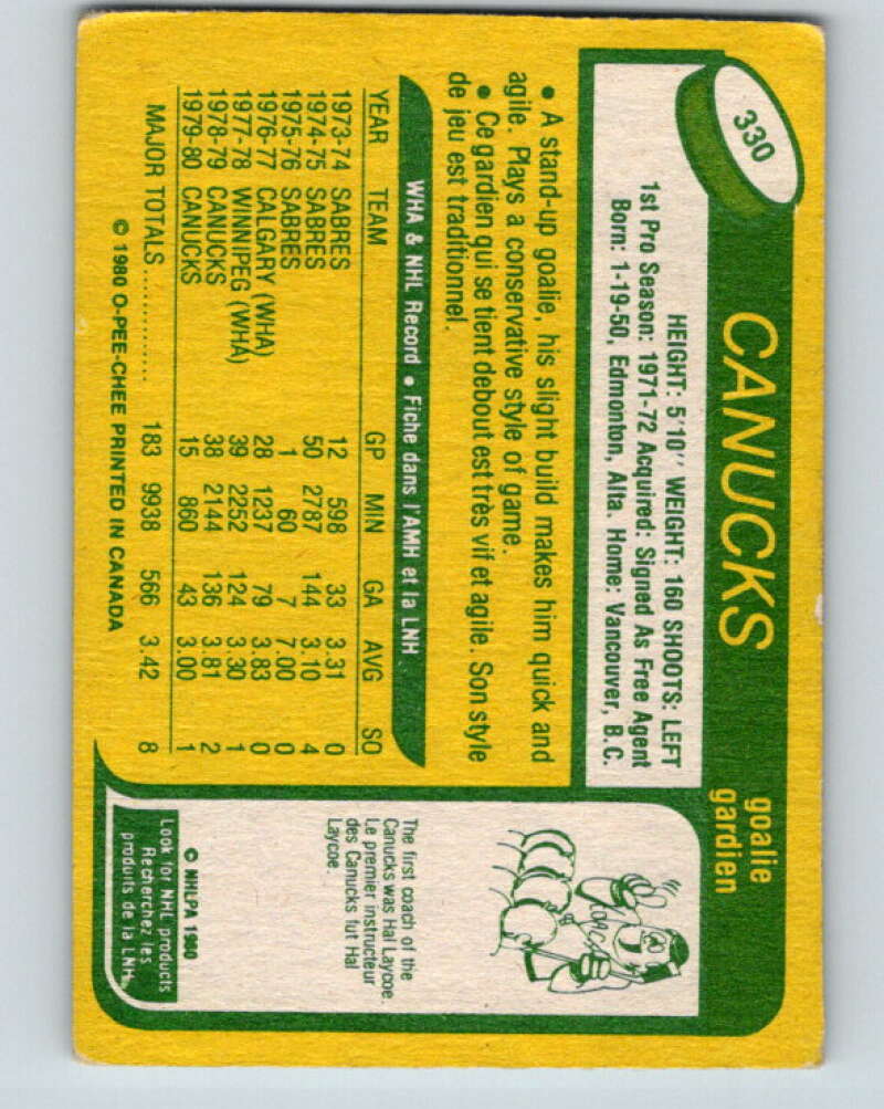 1980-81 O-Pee-Chee #330 Gary Bromley UER Vancouver Canucks V40412