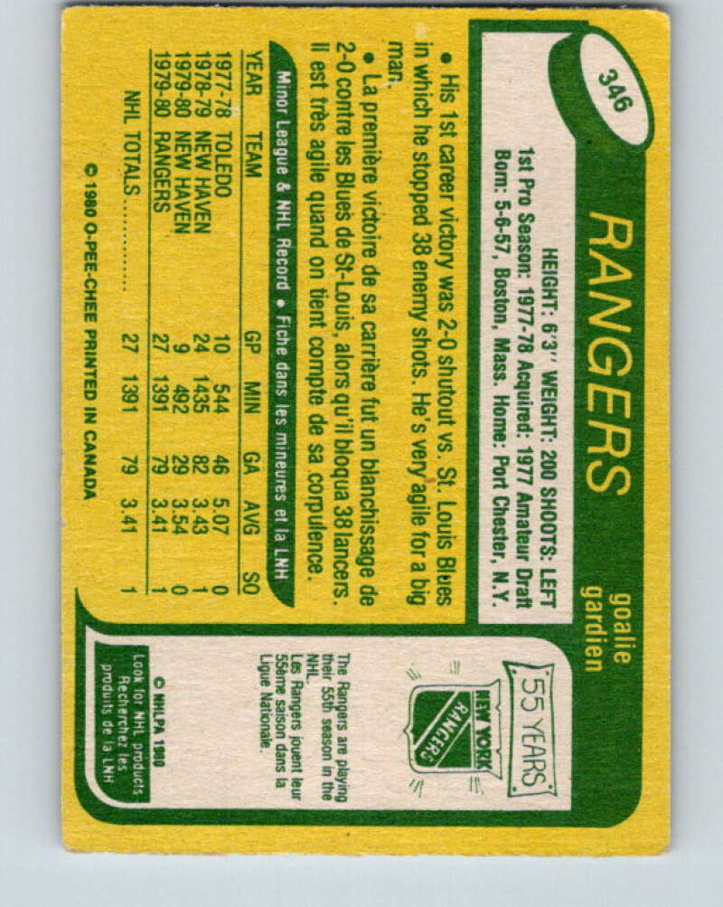 1980-81 O-Pee-Chee #346 Steve Baker RC Rookie New York Rangers V40570
