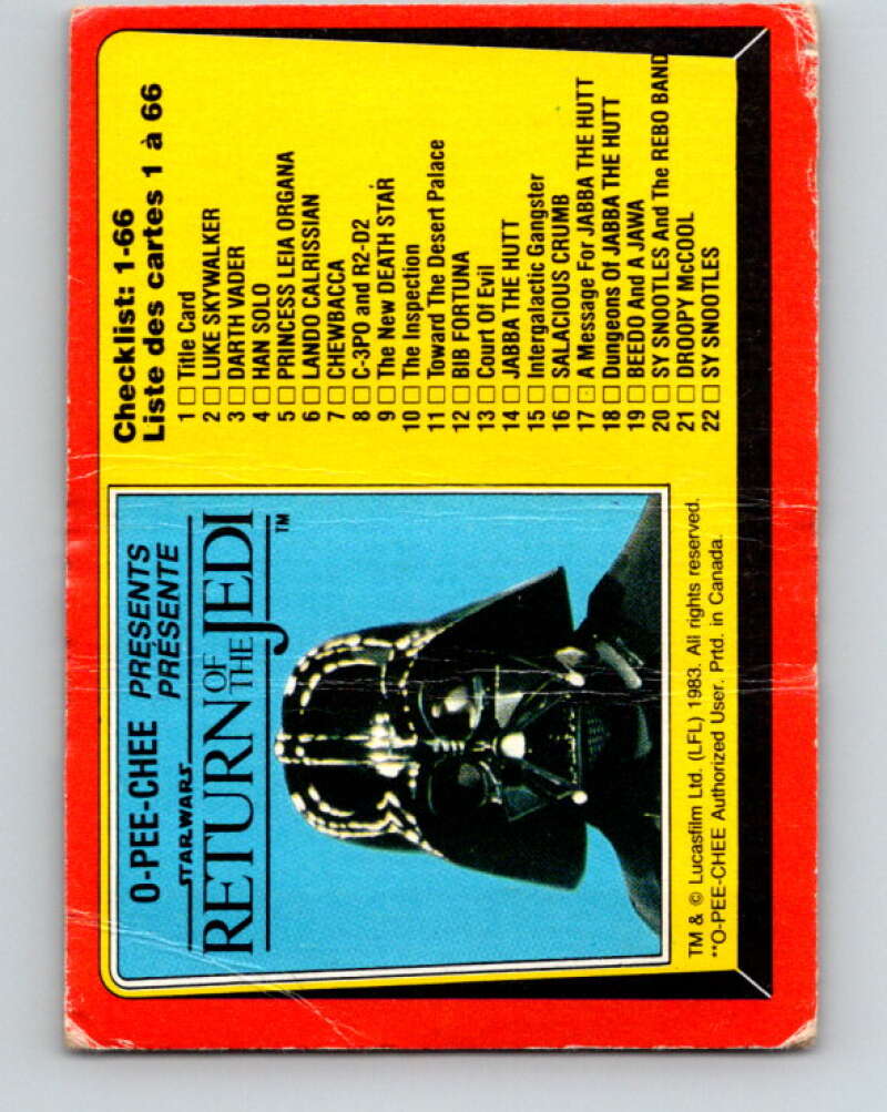 1983 OPC Star Wars Return Of The Jedi #131 Checklist 1-66 V42729