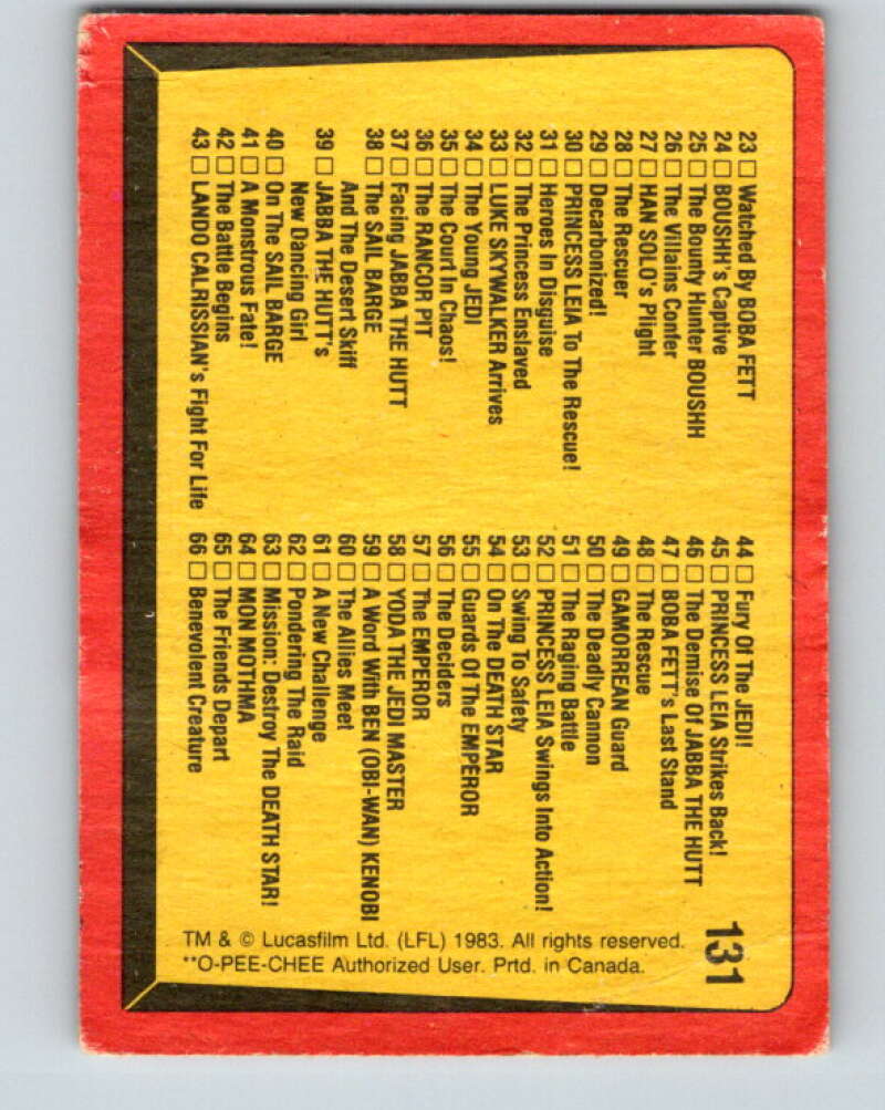 1983 OPC Star Wars Return Of The Jedi #131 Checklist 1-66 V42729