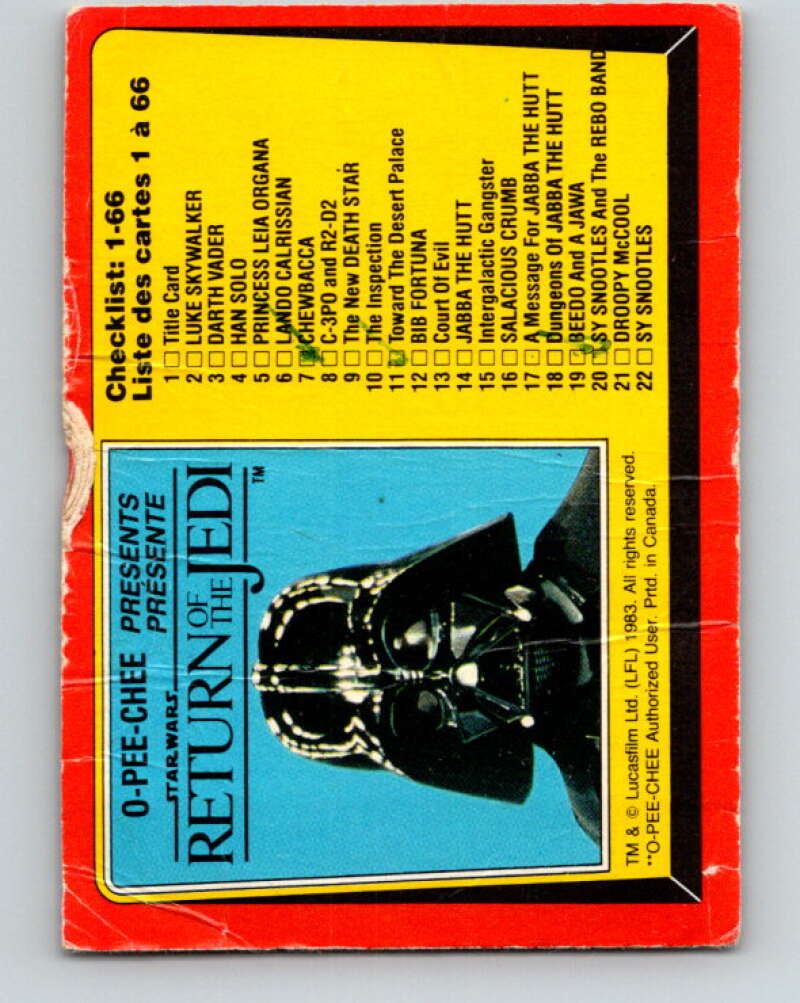 1983 OPC Star Wars Return Of The Jedi #131 Checklist 1-66 V42730