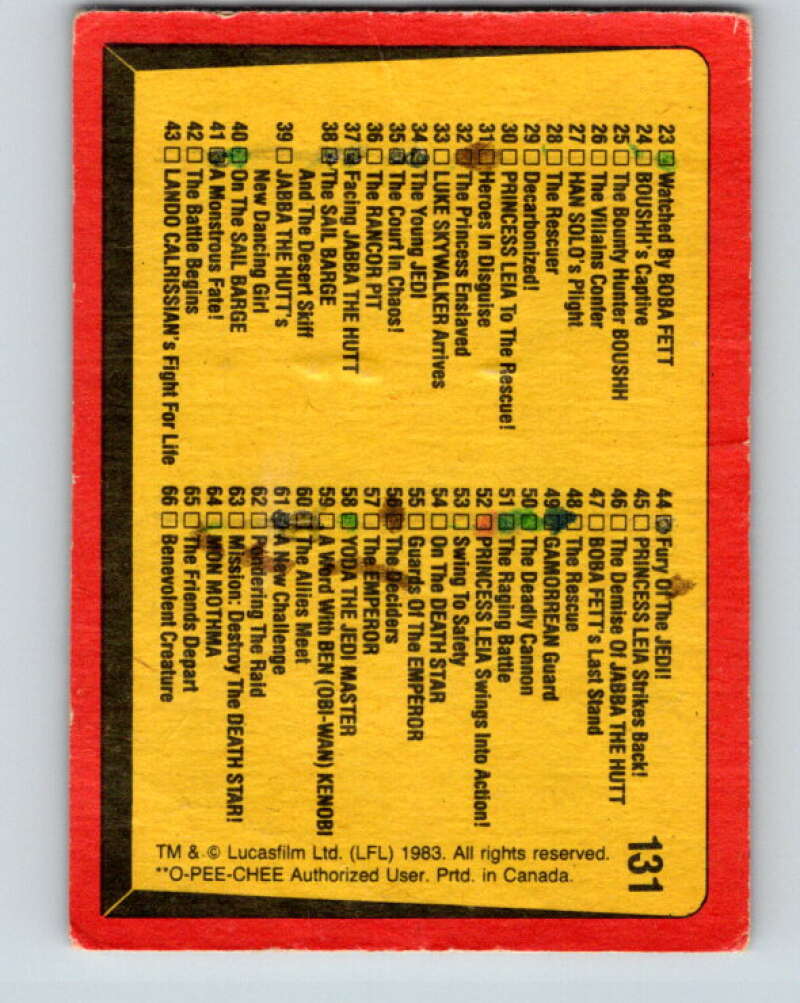 1983 OPC Star Wars Return Of The Jedi #131 Checklist 1-66 V42731