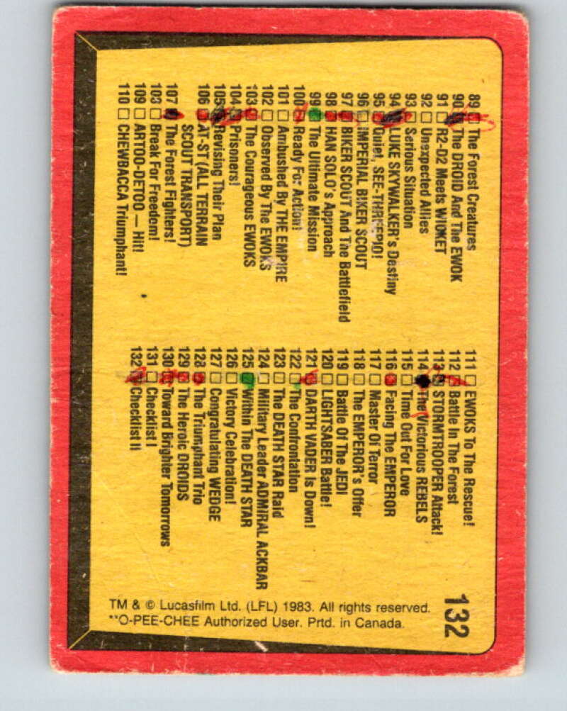 1983 OPC Star Wars Return Of The Jedi #132 Checklist 67-132 V42732