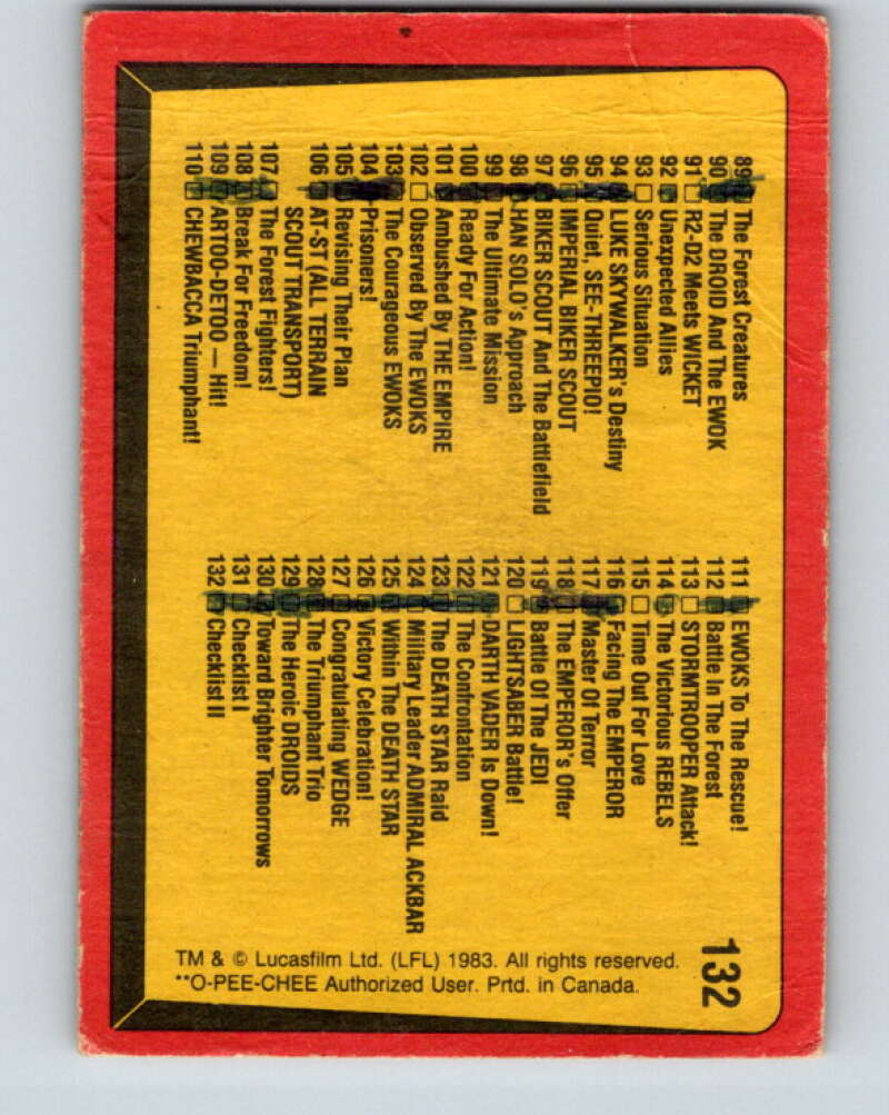 1983 OPC Star Wars Return Of The Jedi #132 Checklist 67-132 V42734