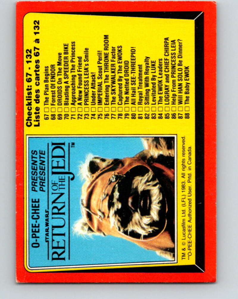 1983 OPC Star Wars Return Of The Jedi #132 Checklist 67-132 V42735