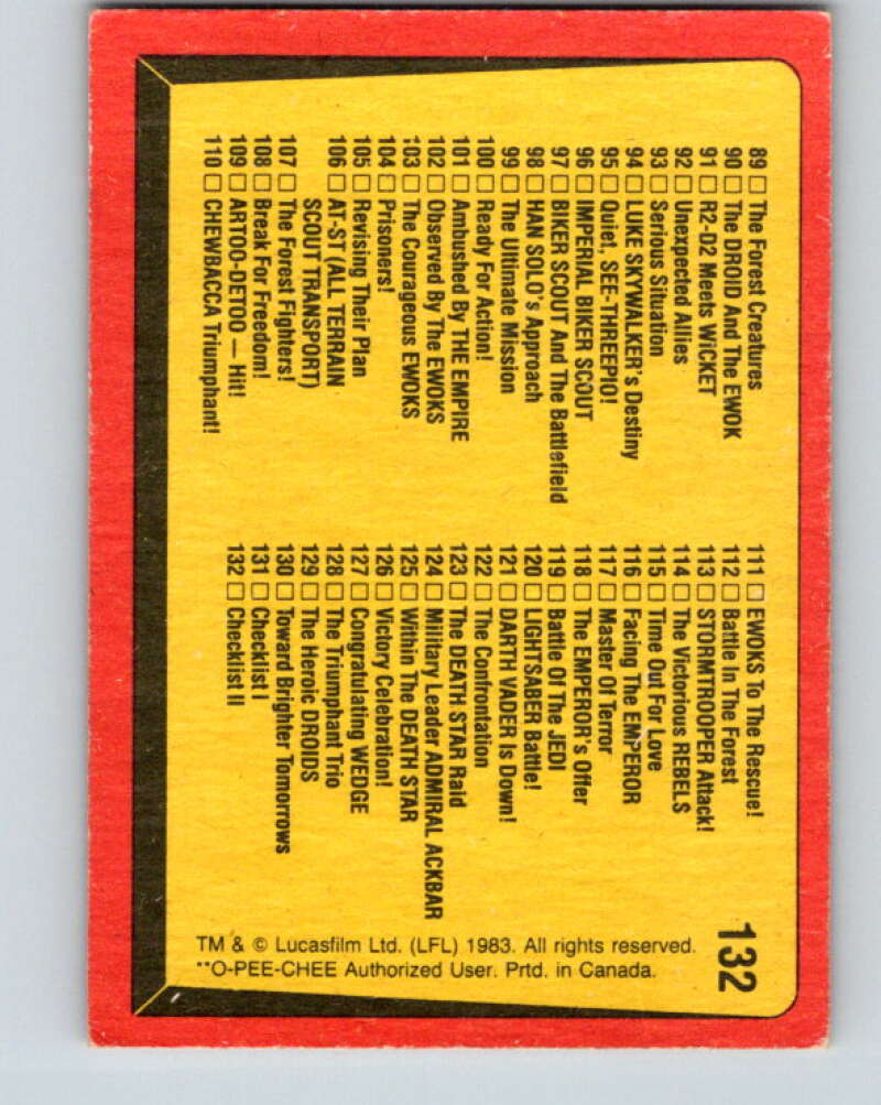 1983 OPC Star Wars Return Of The Jedi #132 Checklist 67-132 V42735