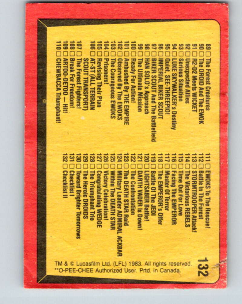1983 OPC Star Wars Return Of The Jedi #132 Checklist 67-132 V42736