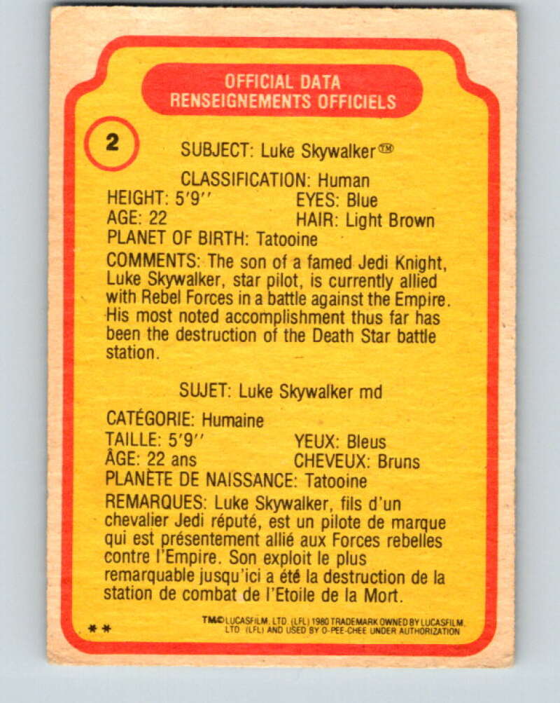 1980 OPC The Empire Strikes Back #2 Luke Skywalker V42743