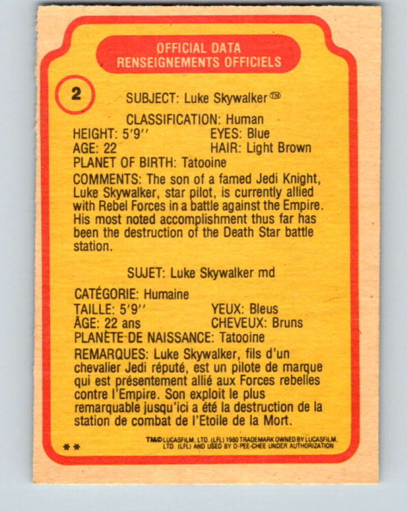 1980 OPC The Empire Strikes Back #2 Luke Skywalker V42745