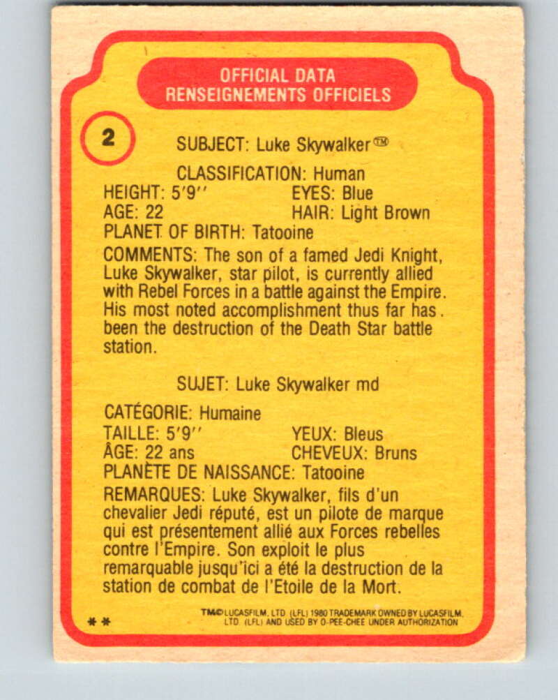 1980 OPC The Empire Strikes Back #2 Luke Skywalker V42746