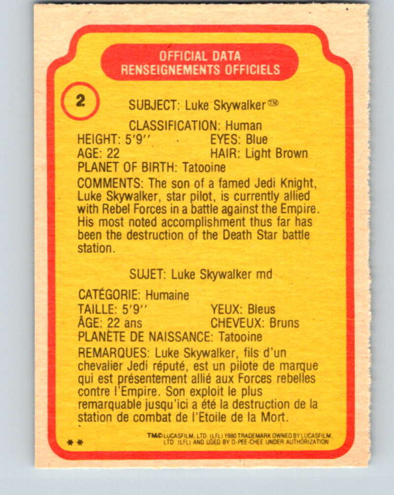 1980 OPC The Empire Strikes Back #2 Luke Skywalker V42747